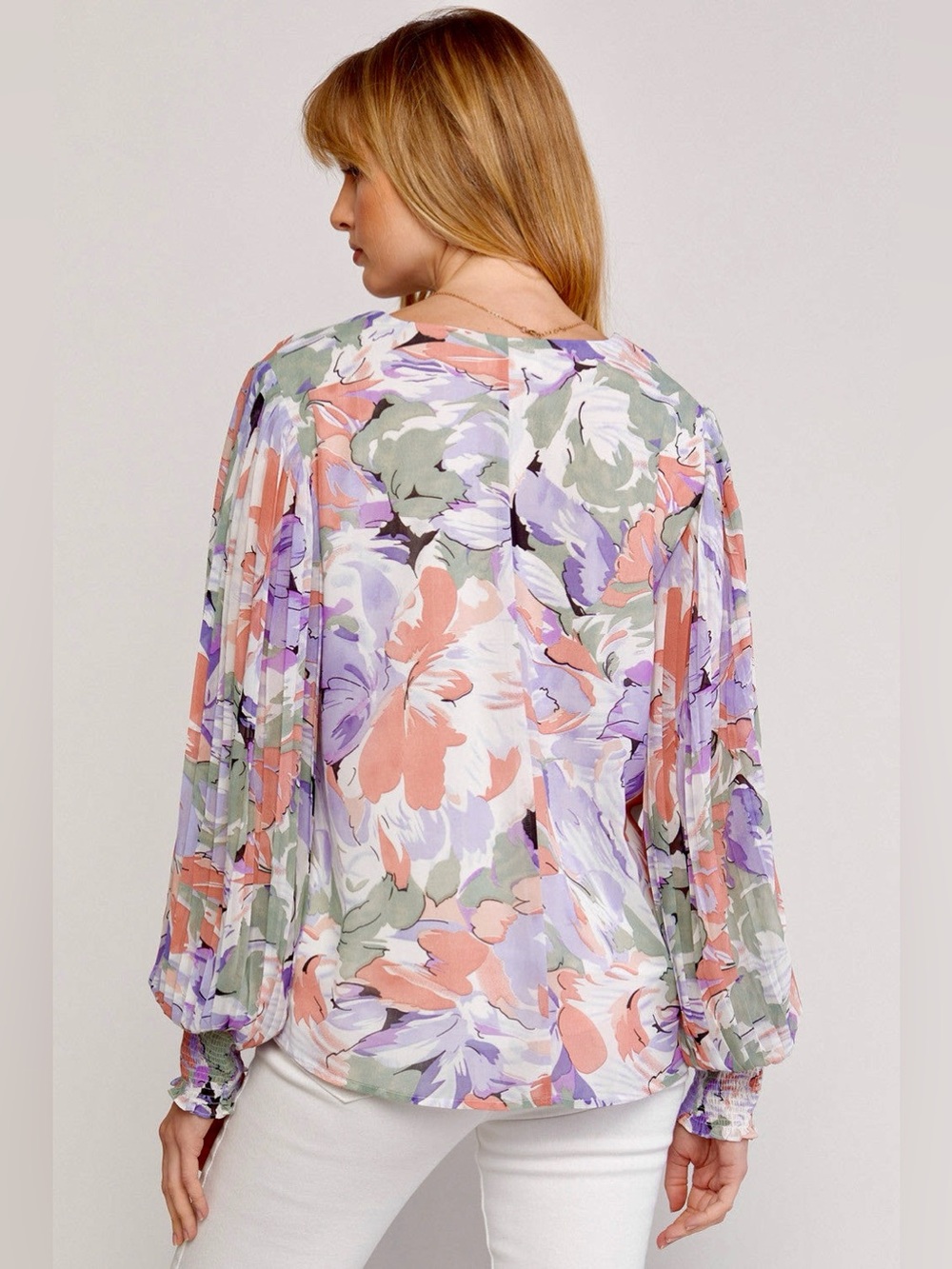 Entro Floral V-Neck Blouse Size L Pastel Lavender Peach Balloon Sleeve - Picture 4 of 16
